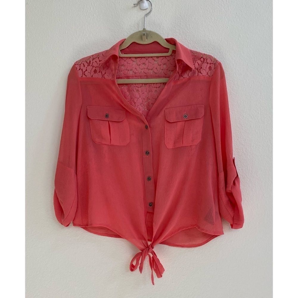 Womens Orange Sheer Tie Front Button Up Lace Back in size Medium
